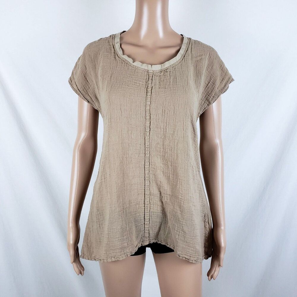 Flax Lagenlook Cotton-Linen Crinkle Gauze Tunic Top Womens P (4-6) Brown Natural